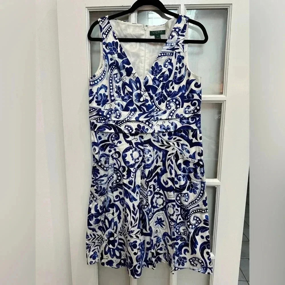 Lauren Ralph Lauren Paisley Floral Blue & White Sleeveless Shift Dress Size 14